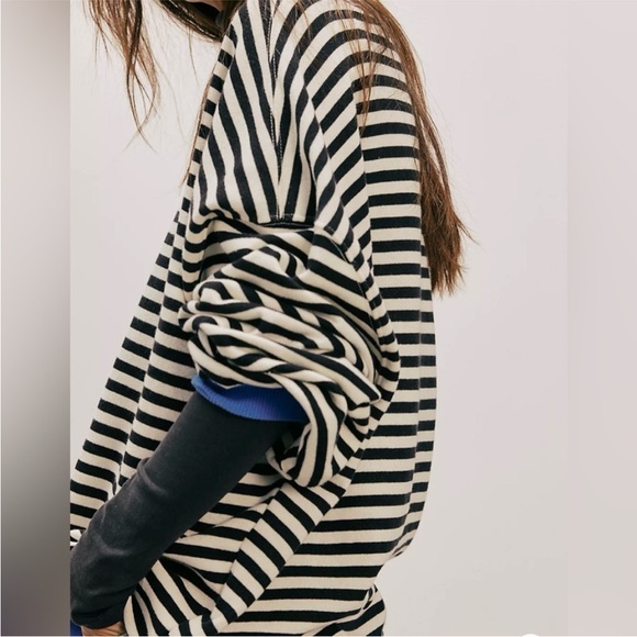 We The Free Striped Sweatshirt In Black/White/Blue French Terry Crewneck SZ S - Picture 9 of 16